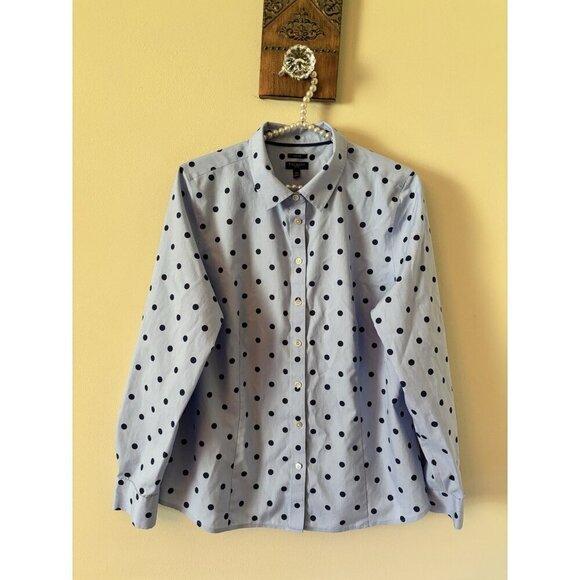 Talbots Petite Womens Size 14P Blue Polka Dot Blouse Non-Iron Cotton - Picture 1 of 4